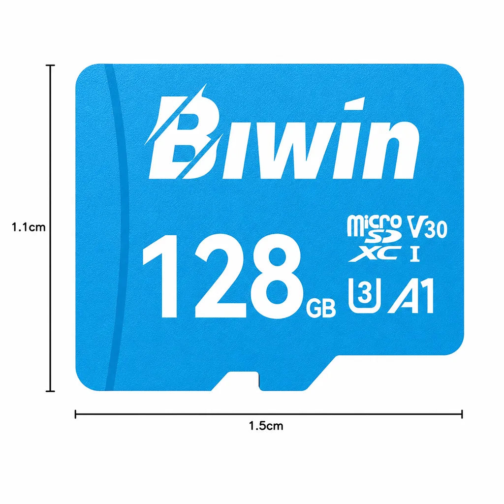 Biwin MS100 128GB MicroSD Card showing physical dimensions and size specification with A1 Performance, UHS-I, C10/U1/V10 ratings.