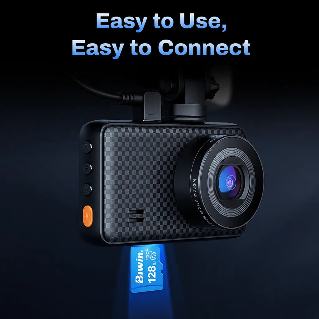 Biwin MS100 128GB MicroSD Card installed in a dash camera for fast, reliable storage with A1 Performance and UHS-I support.