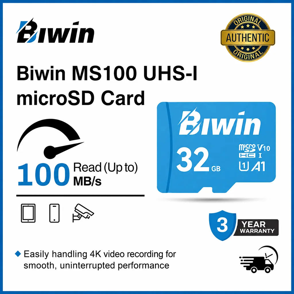 Biwin MS100 32GB MicroSD Card infographic showing up to 100MB/s read speed, 3-year warranty, A1 Performance, and UHS-I C10/U1/V10 support.