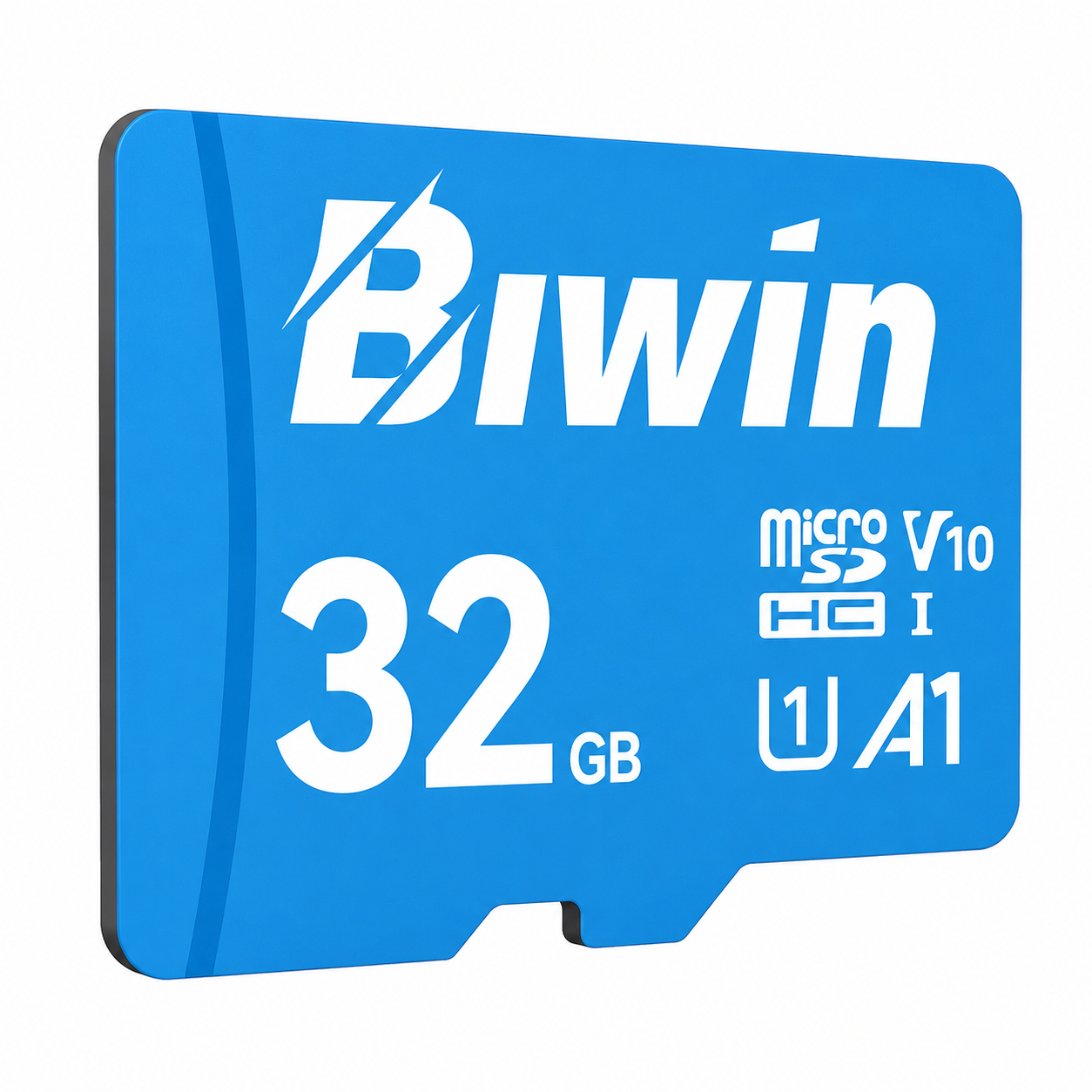 Opposite angle view of the Biwin MS100 32GB MicroSD Card featuring A1 Performance, UHS-I, C10/U1/V10 ratings on a white background.