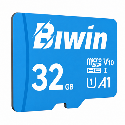Opposite angle view of the Biwin MS100 32GB MicroSD Card featuring A1 Performance, UHS-I, C10/U1/V10 ratings on a white background.