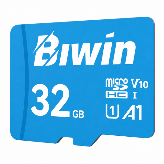 Front view of Biwin MS100 32GB MicroSD Card with A1 Performance, UHS-I, C10/U1/V10 speed class on a white background.