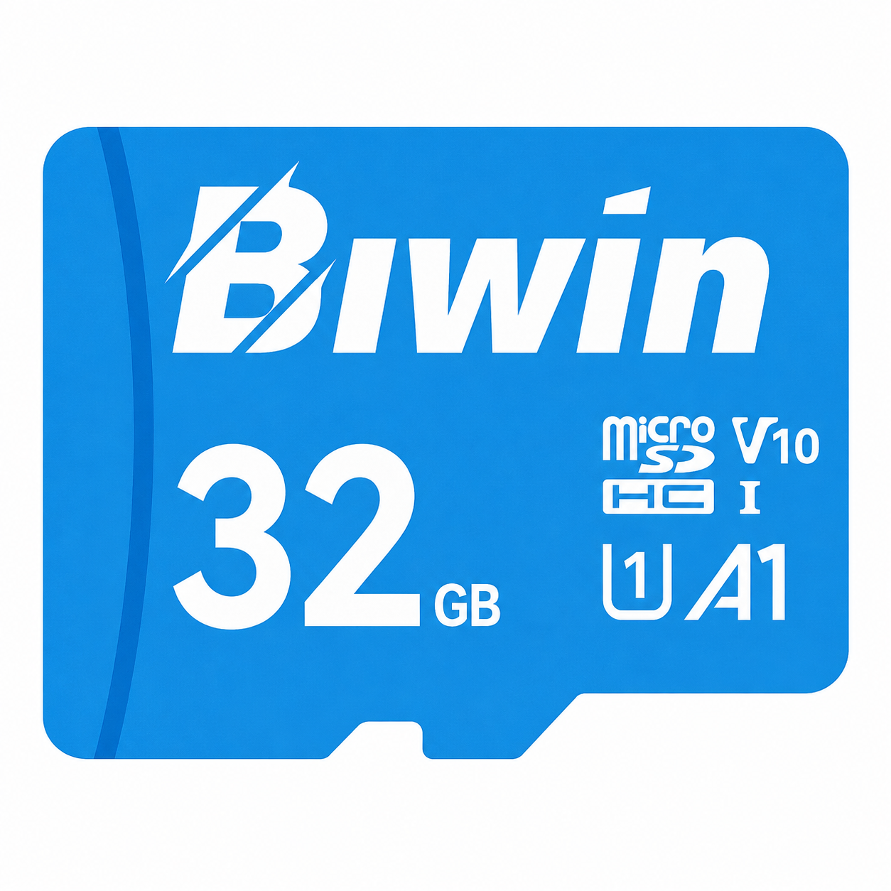 High-resolution close-up of the Biwin MS100 32GB MicroSD Card with A1 Performance, UHS-I, C10/U1/V10 specifications.