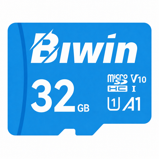 High-resolution close-up of the Biwin MS100 32GB MicroSD Card with A1 Performance, UHS-I, C10/U1/V10 specifications.