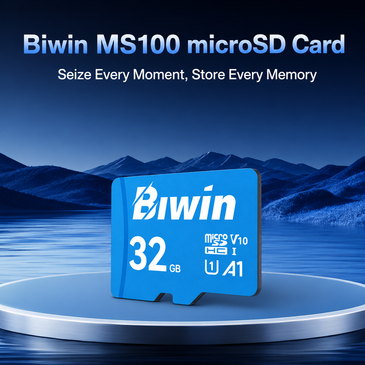 Biwin MS100 32GB MicroSD Card promotional banner highlighting reliable memory storage with A1 Performance and UHS-I C10/U1/V10 compatibility.