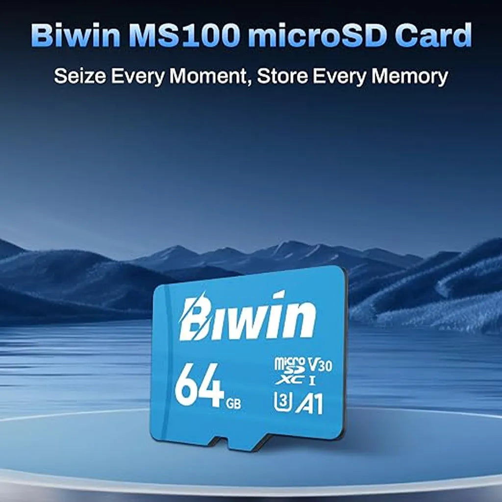 Biwin MS100 64GB MicroSD Card A1 Performance UHS-I C10 U1 V10 product image with high-speed storage for smartphones, cameras and tablets.