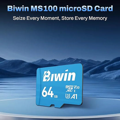 Biwin MS100 64GB MicroSD Card A1 Performance UHS-I C10 U1 V10 product image with high-speed storage for smartphones, cameras and tablets.