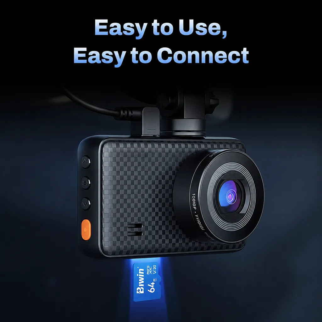 Biwin MS100 64GB MicroSD Card inserted into a dash camera for reliable Full HD and 4K video recording with A1 UHS-I performance.