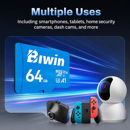 Biwin MS100 64GB MicroSD Card compatible with smartphones, tablets, home security cameras, dash cameras and gaming devices.
