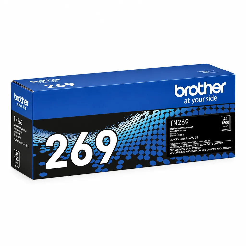 Brother TN269BK Black Toner Cartridge for HL-L3220CDW Series packaging box showing 1500 pages yield front left angle -tpstech.in