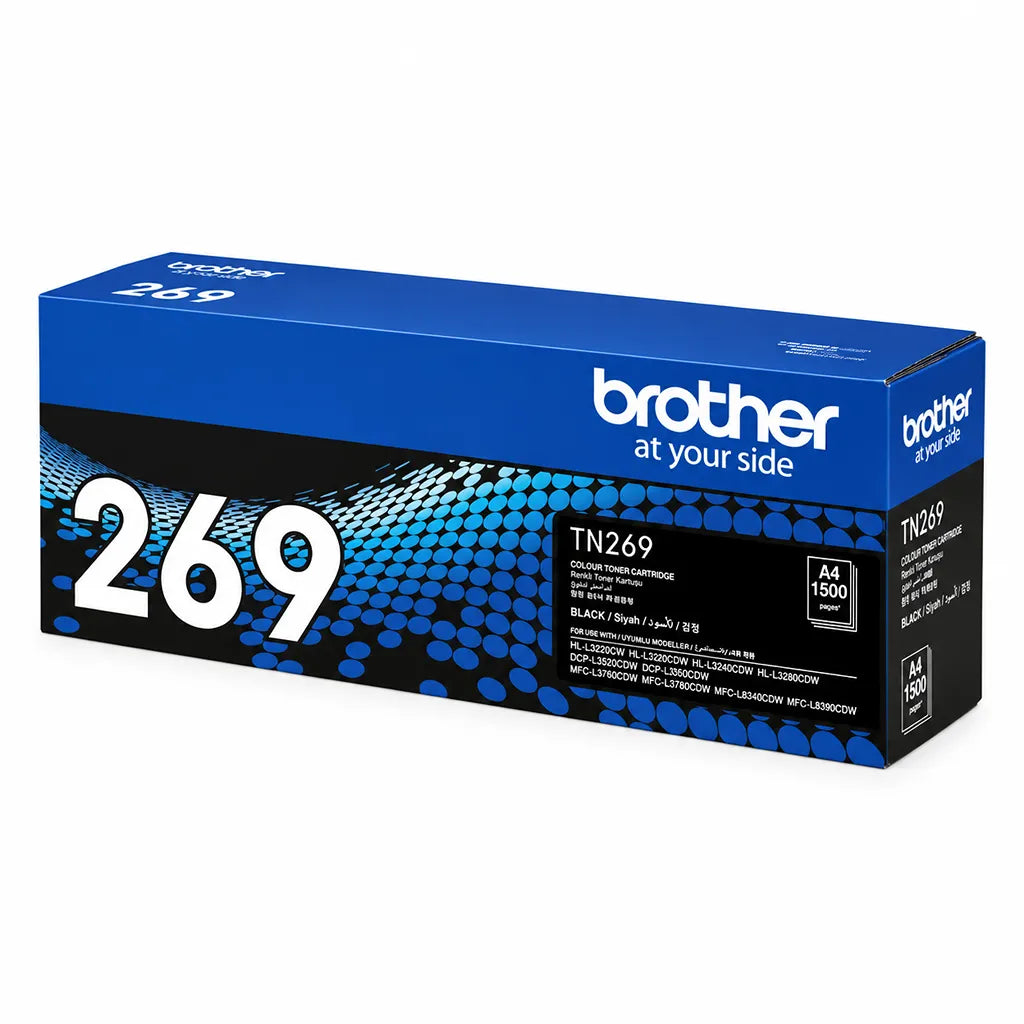Brother TN269BK Black Toner Cartridge for HL-L3220CDW Series retail box showing compatibility details front right angle -tpstech.in