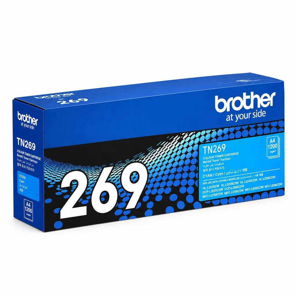Brother TN269C Cyan Toner Cartridge 1200 Pages original packaging box front left perspective view -tpstech.in
