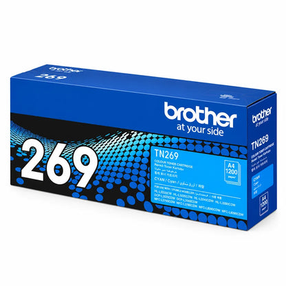 Brother TN269C Cyan Toner Cartridge 1200 Pages retail box showing side panel details front right perspective -tpstech.in