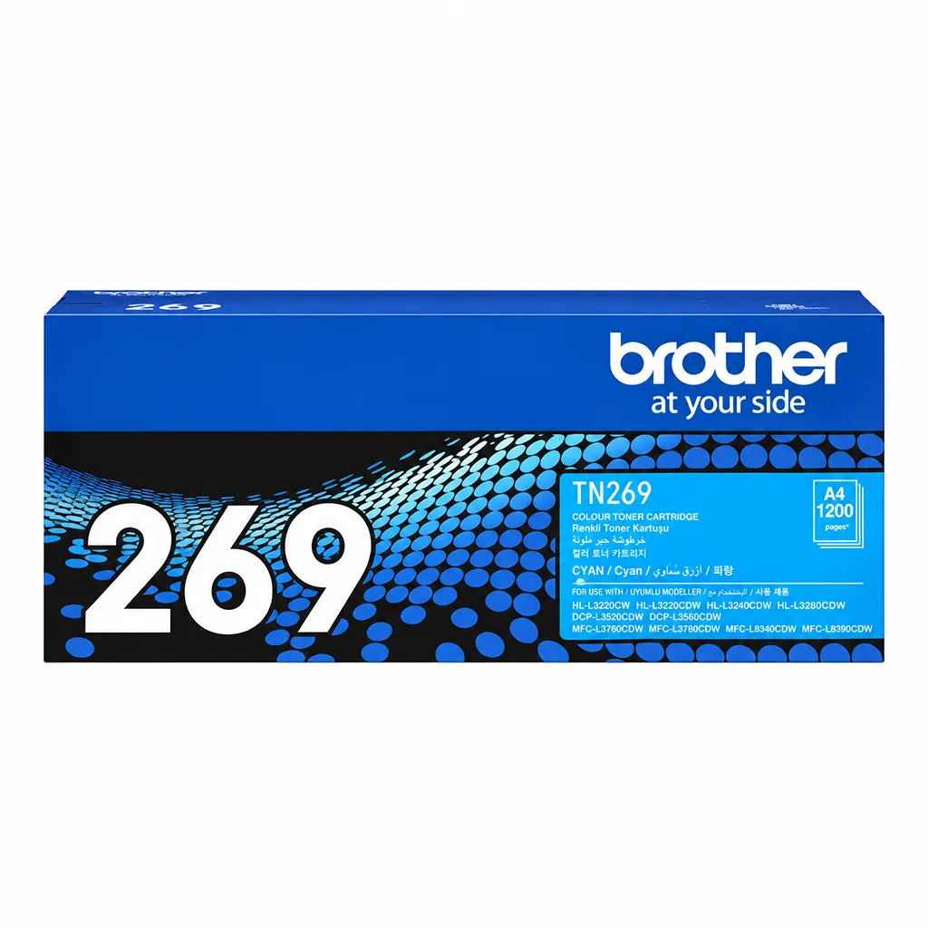 Brother TN269C Cyan Toner Cartridge 1200 Pages genuine retail pack front view showing model and page yield -tpstech.in