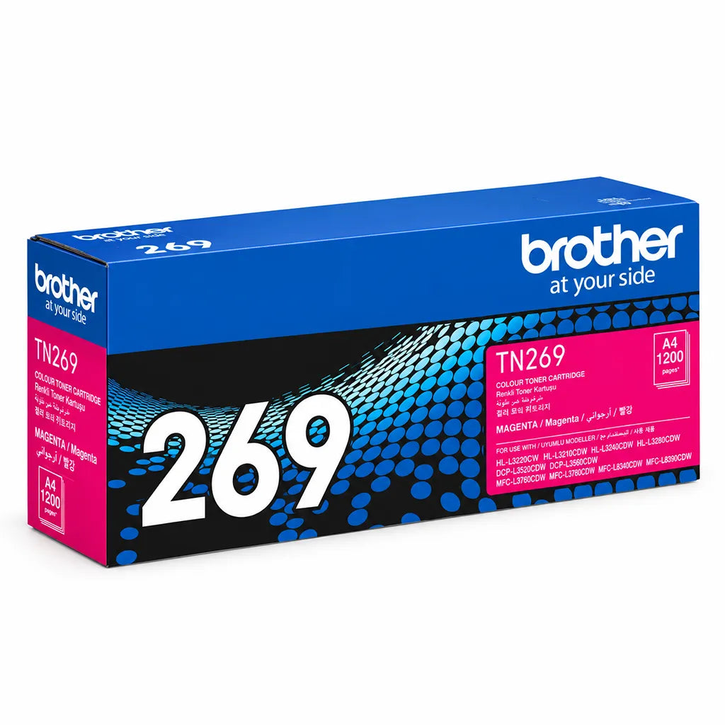 Brother TN269M Magenta Toner Cartridge for Compatible Colour Printers packaging box front left perspective view -tpstech.in