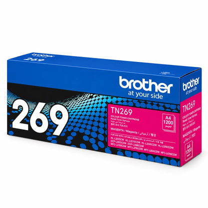 Brother TN269M Magenta Toner Cartridge for Compatible Colour Printers packaging box front right perspective view showing side panel details -tpstech.in