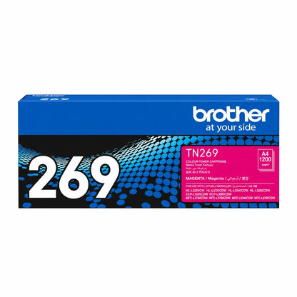 Brother TN269M Magenta Toner Cartridge for Compatible Colour Printers genuine retail packaging box front view showing 1200 page yield -tpstech.in