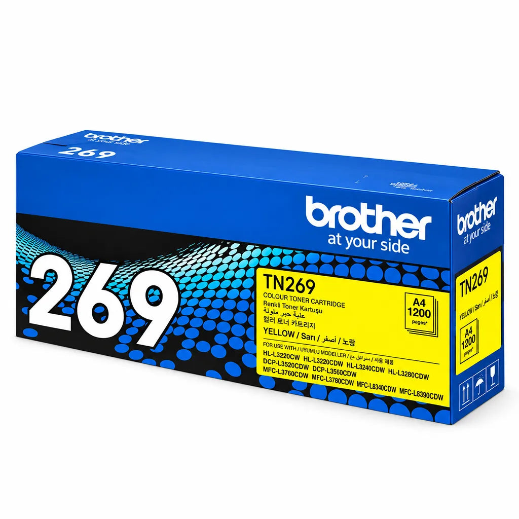 Brother TN269Y Yellow Standard Yield Toner Cartridge retail box showing 1200 page yield front left perspective view -tpstech.in