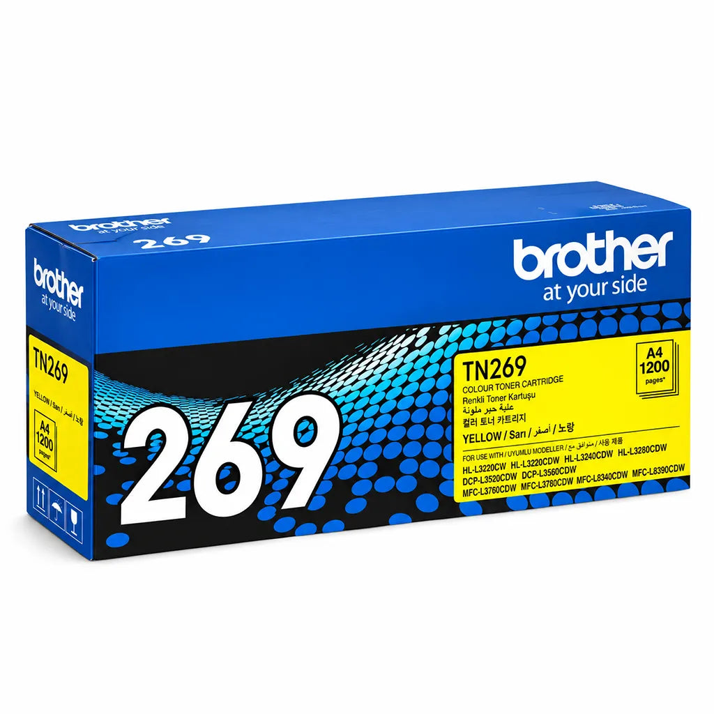 Brother TN269Y Yellow Standard Yield Toner Cartridge original box packaging front right perspective view -tpstech.in