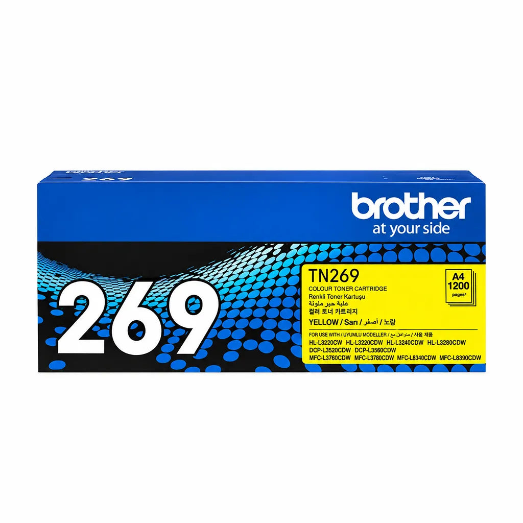 Brother TN269Y Yellow Standard Yield Toner Cartridge genuine packaging box front view displaying product model and specifications -tpstech.in