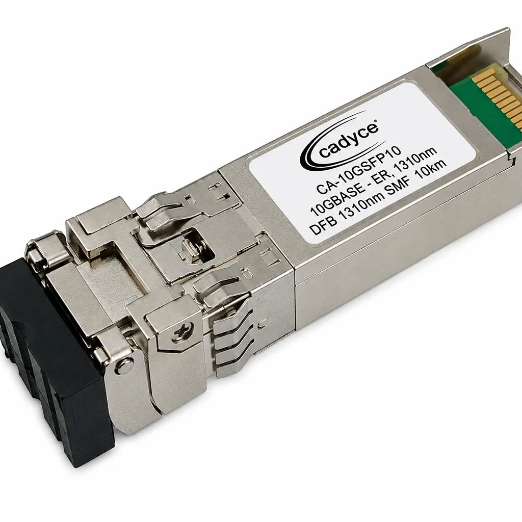 Top right angle view of Cadyce CA-10GSFP10 Single Mode SFP+ 10GBASE-LR fiber module with exposed gold connector contacts.