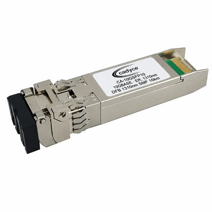 Cadyce CA-10GSFP10 Single Mode SFP+ 10GBASE-LR fiber module front angled view with 1310nm SMF 10km optical transceiver on white background.