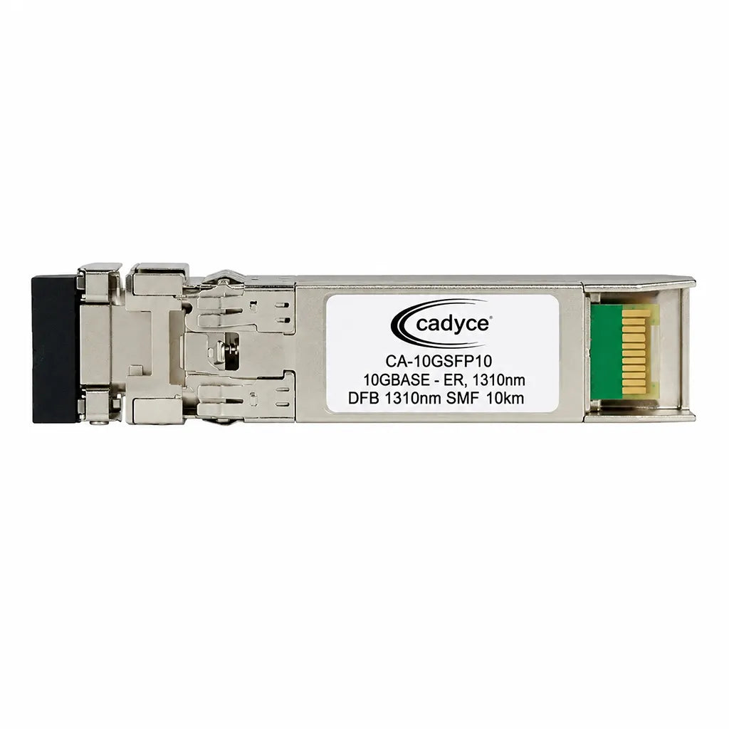 Close-up of Cadyce CA-10GSFP10 Single Mode SFP+ 10GBASE-LR fiber module showing metal housing, latch mechanism and product label.