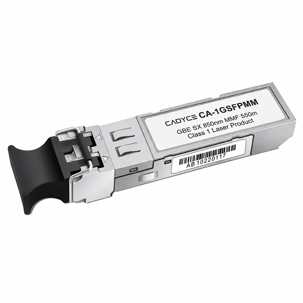 Cadyce CA-1GSFPMM Mini-GBIC SFP Fiber Module 1.25Gbps 850nm optical transceiver angled product view on white background.