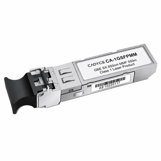 Cadyce CA-1GSFPMM Mini-GBIC SFP Fiber Module 1.25Gbps 850nm optical transceiver angled product view on white background.
