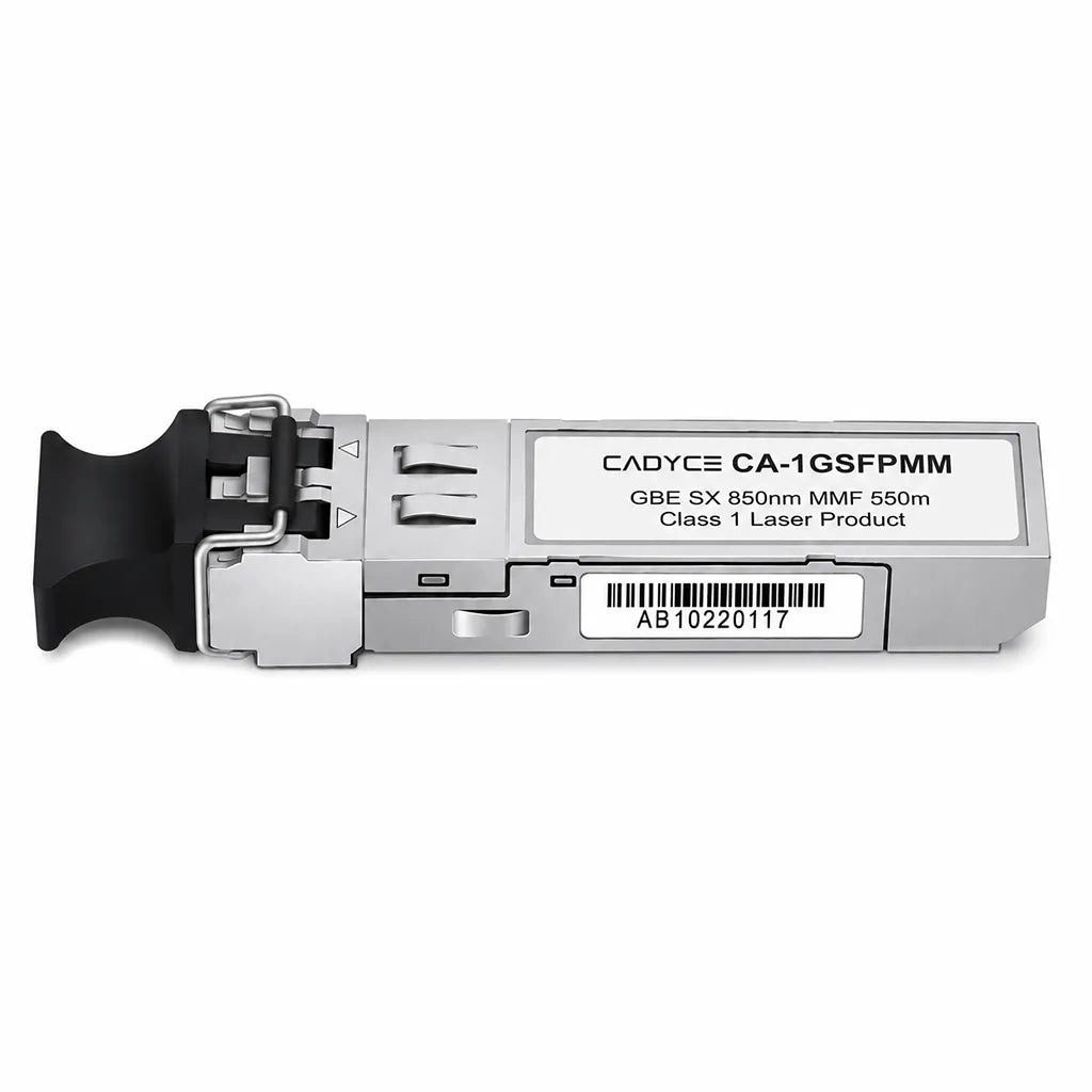 Side profile of Cadyce CA-1GSFPMM Mini-GBIC SFP Fiber Module 1.25Gbps 850nm SFP optical transceiver for Gigabit Ethernet.