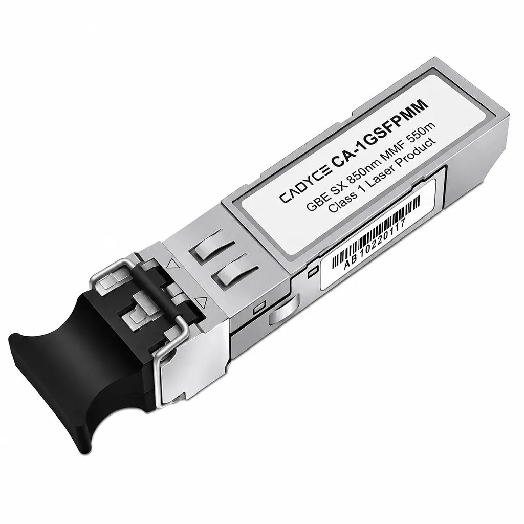 Top right angle view of Cadyce CA-1GSFPMM Mini-GBIC SFP Fiber Module 1.25Gbps 850nm optical networking transceiver.