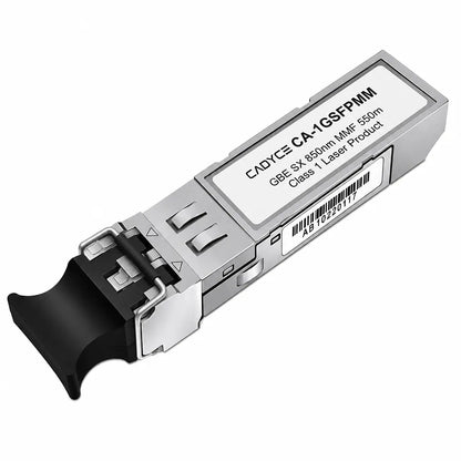 Top right angle view of Cadyce CA-1GSFPMM Mini-GBIC SFP Fiber Module 1.25Gbps 850nm optical networking transceiver.