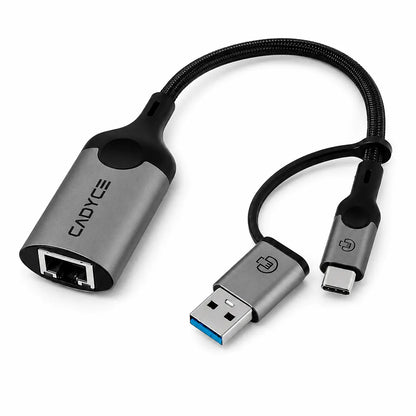 Front view of Cadyce CA-CU1000 USB-A and USB-C to Gigabit Ethernet Adapter with aluminium housing and RJ45 LAN port -tpstech.in