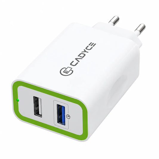 Angled view of Cadyce CA-DUWC 30W Dual USB Wall Charger with Quick Charge 3.0 USB port and Smart Charging support