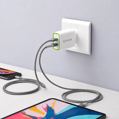 Cadyce CA-DUWC 30W Dual USB Wall Charger charging multiple devices simultaneously with Quick Charge 3.0 and Smart Charging