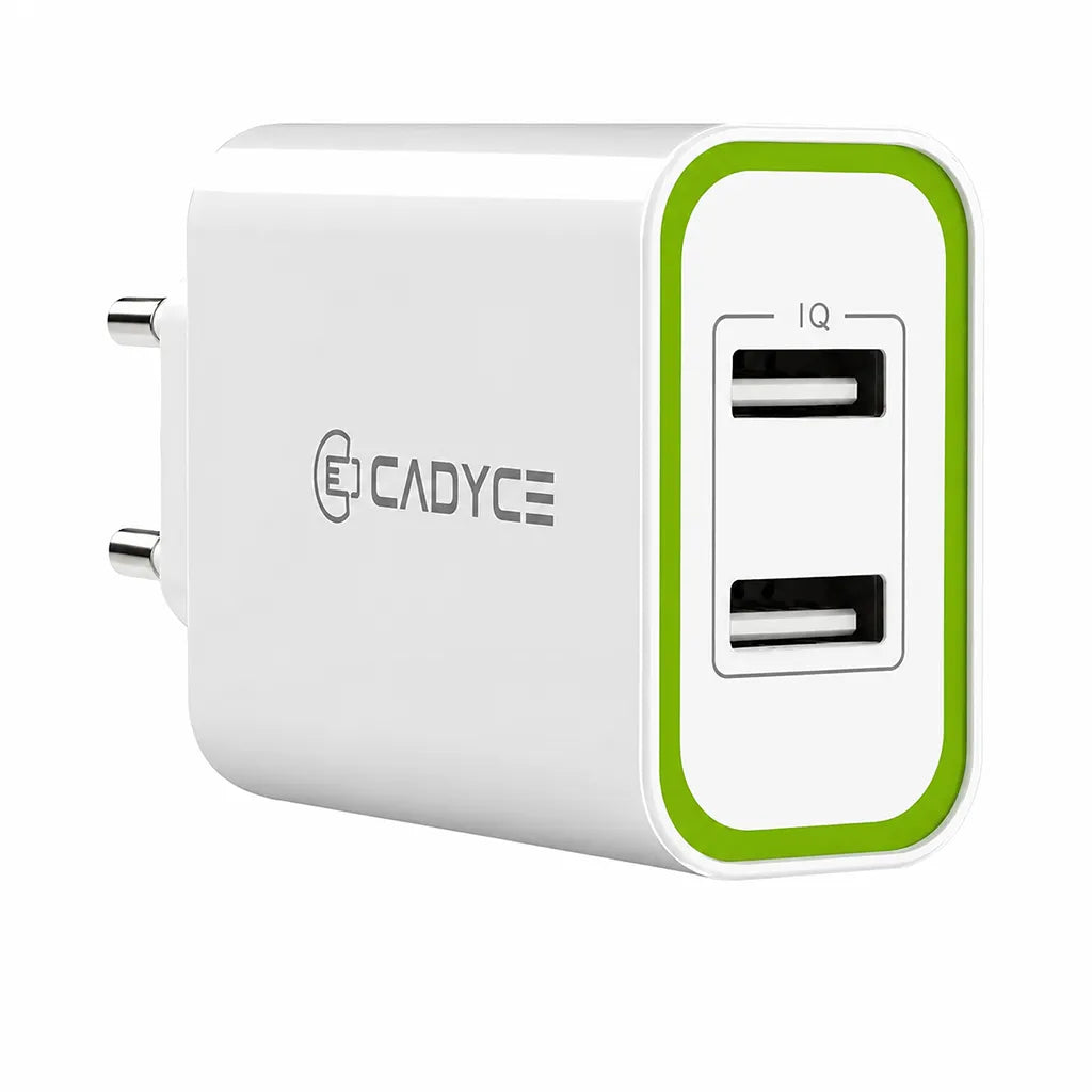 Front view of Cadyce CA-DUWC 30W Dual USB Wall Charger featuring dual USB ports, Quick Charge 3.0 and Smart Charging technology