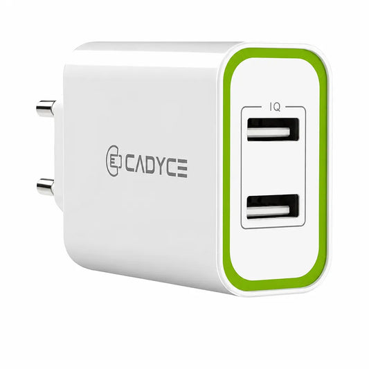 Front view of Cadyce CA-DUWC 30W Dual USB Wall Charger featuring dual USB ports, Quick Charge 3.0 and Smart Charging technology