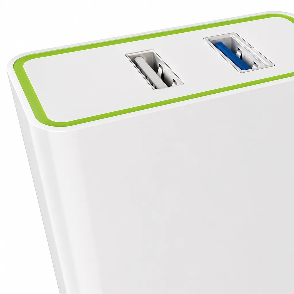 Close-up of dual USB ports on Cadyce CA-DUWC 30W Dual USB Wall Charger with Quick Charge 3.0 and Smart Charging