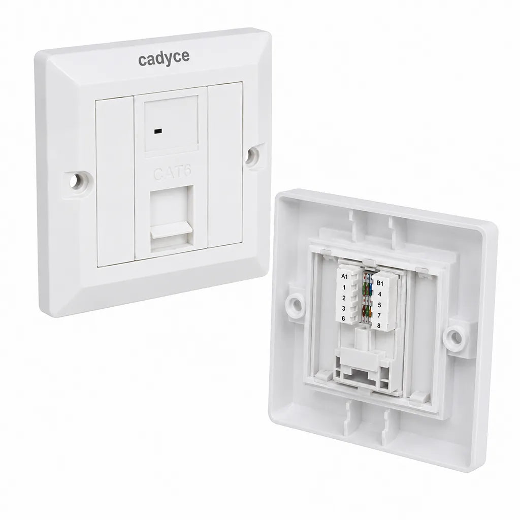 Left angle view of Cadyce CA-FCP1 Single Port CAT6 Faceplate with UTP Module showing front faceplate and rear T568A/T568B wiring module.