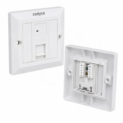 Left angle view of Cadyce CA-FCP1 Single Port CAT6 Faceplate with UTP Module showing front faceplate and rear T568A/T568B wiring module.