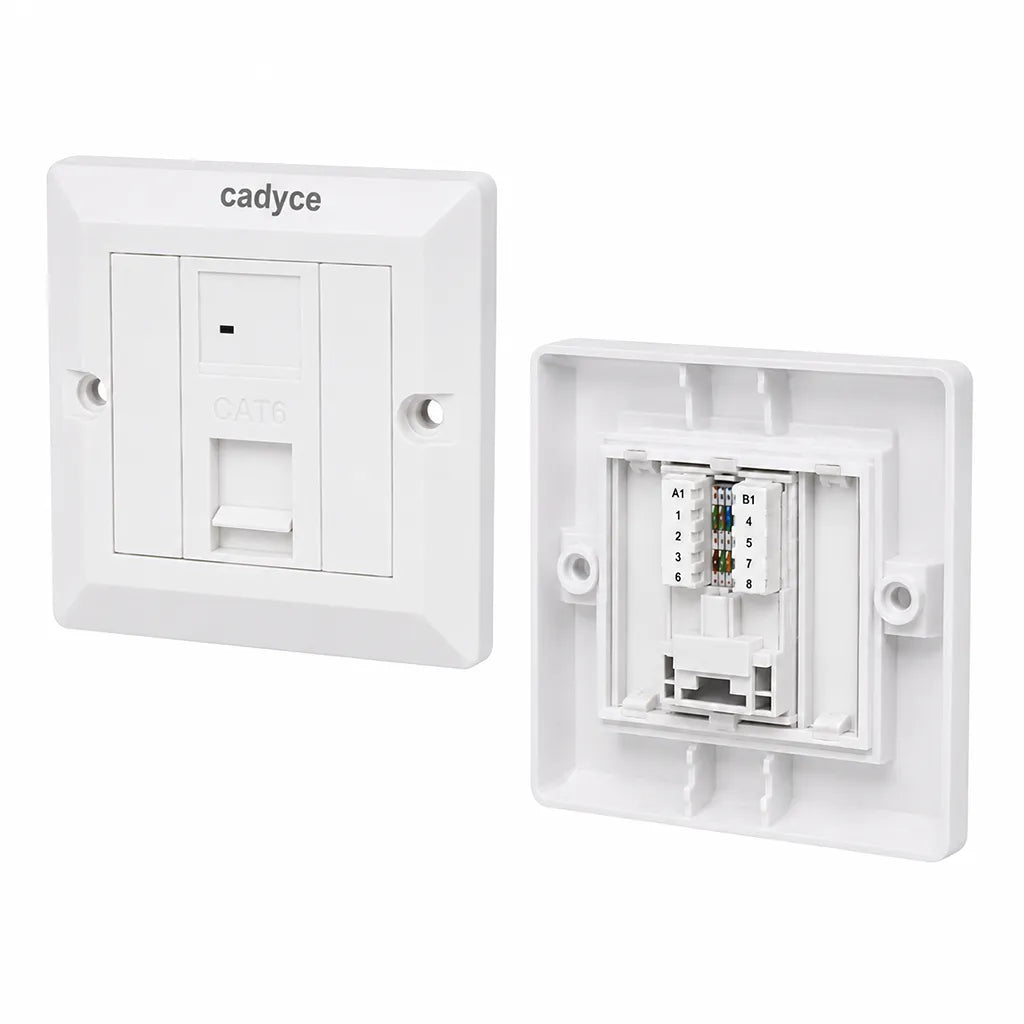 Right angle view of Cadyce CA-FCP1 Single Port CAT6 Faceplate with UTP Module displaying CAT6 faceplate and rear punch-down wiring terminals.