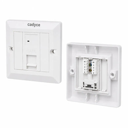 Right angle view of Cadyce CA-FCP1 Single Port CAT6 Faceplate with UTP Module displaying CAT6 faceplate and rear punch-down wiring terminals.