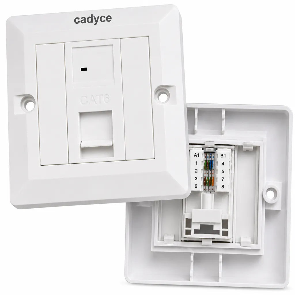 Close-up view of Cadyce CA-FCP1 Single Port CAT6 Faceplate with UTP Module highlighting CAT6 port, faceplate design, and T568A/T568B wiring terminals.
