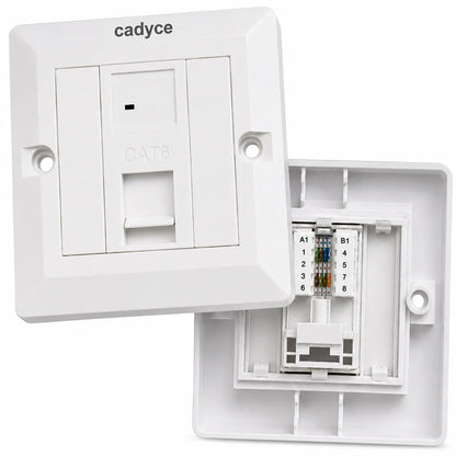 Close-up view of Cadyce CA-FCP1 Single Port CAT6 Faceplate with UTP Module highlighting CAT6 port, faceplate design, and T568A/T568B wiring terminals.