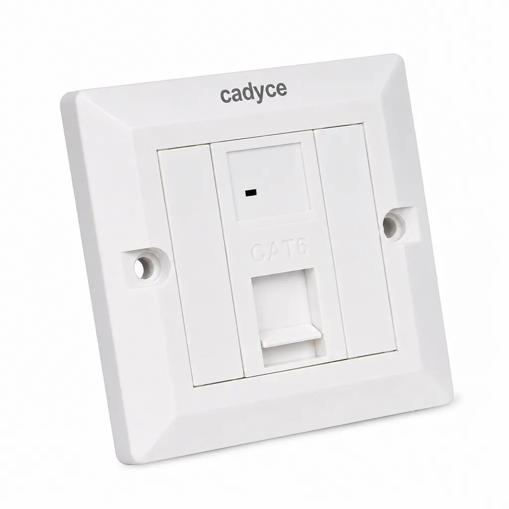 Cadyce CA-FCP1 Single Port CAT6 Faceplate single front angle view with shuttered RJ45 port and T568A/T568B compatible UTP module.