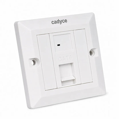 Cadyce CA-FCP1 Single Port CAT6 Faceplate single front angle view with shuttered RJ45 port and T568A/T568B compatible UTP module.