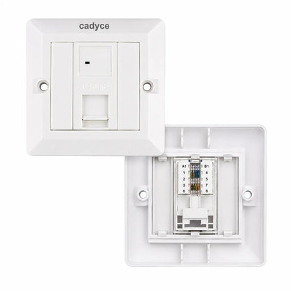 Cadyce CA-FCP1 Single Port CAT6 Faceplate with UTP Module featuring T568A/T568B wiring, front and rear view for structured Ethernet network installation.