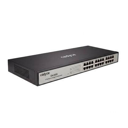 Angled front view of Cadyce CA-GS24 24-Port Gigabit Ethernet Switch with 48Gbps switching capacity and rackmount metal enclosure.