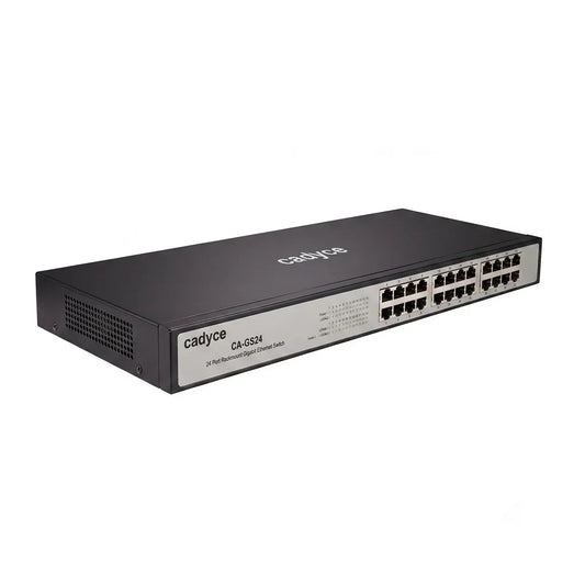 Angled front view of Cadyce CA-GS24 24-Port Gigabit Ethernet Switch with 48Gbps switching capacity and rackmount metal enclosure.