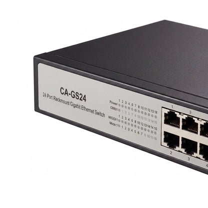 Cadyce CA-GS24 24-Port Gigabit Ethernet Switch front panel close-up showing Gigabit RJ45 ports, LED indicators, and 48Gbps switching capacity.